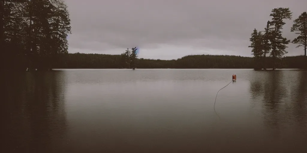 Prompt: an infinitely long rope floating to surface of water snaking across the center of the lake, overcast lake, 2 4 mm leica anamorphic lens, moody scene, stunning composition, hyper detailed, color kodak film stock