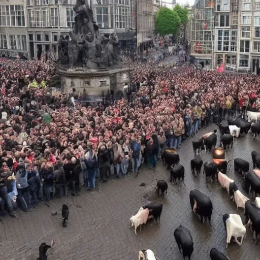 Image similar to cows demonstrating with police, on dam square amsterdam, burning, sirens police