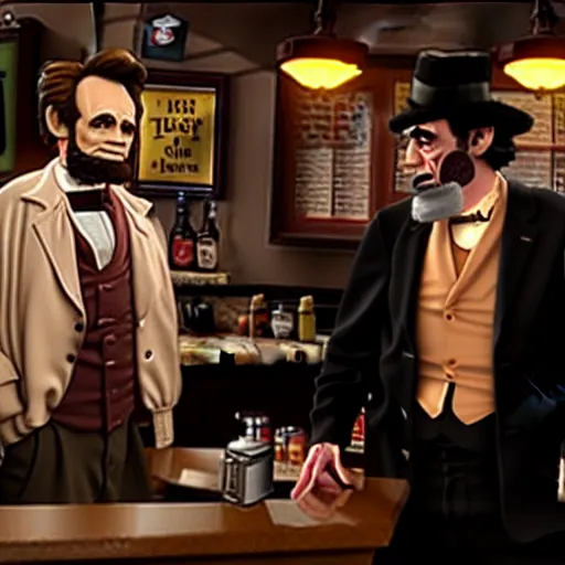 Image similar to The It's Always Sunny in Philadelphia episode where the gang meets Abe Lincoln Dee is there with Mac and so is Dennis they are at the bar, photo realistic, studio lighting, It's Always Sunny in Philadelphia