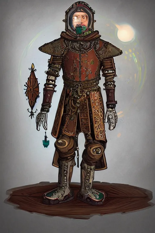 Image similar to beautiful calm bright ai generated fullbody character illustration of a medieval timetraveller highpriest in ornated wooden armor and decorated sacred outfit and heavily equipped with steampunk cyberwares. rendered by machine.delusions. inspired by: @machine.delusions on instagram. Slightly reminds to ghibli studios