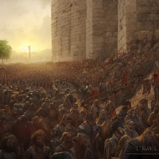 Image similar to Matte painting of large crowd of men in Biblical outfits marching in front of the walls of Jericho. People are standing on the walls looking down at them. sunrise, epic, cinematic lighting, detailed digital art trending in artstation