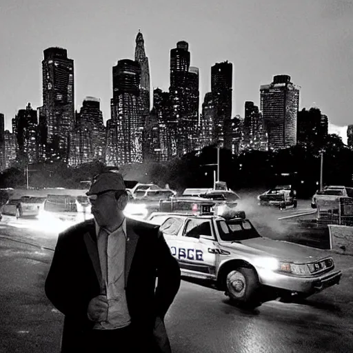 Prompt: “ michael oblowitz directing a hard - boiled cop action movie in queens at night with the new york skyline in the distance. heavy rain, cinematic ”