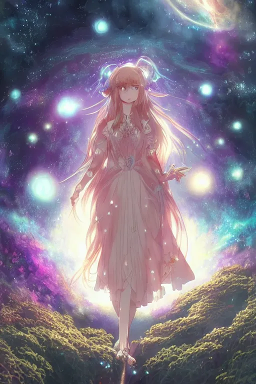 Image similar to anime key visual of a beautiful girl wearing a dress made of stars and nebulae, dramatic, volumetric lighting, planets in the background, intricate, magical forest, stunning, highly detailed, digital painting, artstation, smooth, hard focus, illustration, art by artgerm and greg rutkowski and alphonse mucha