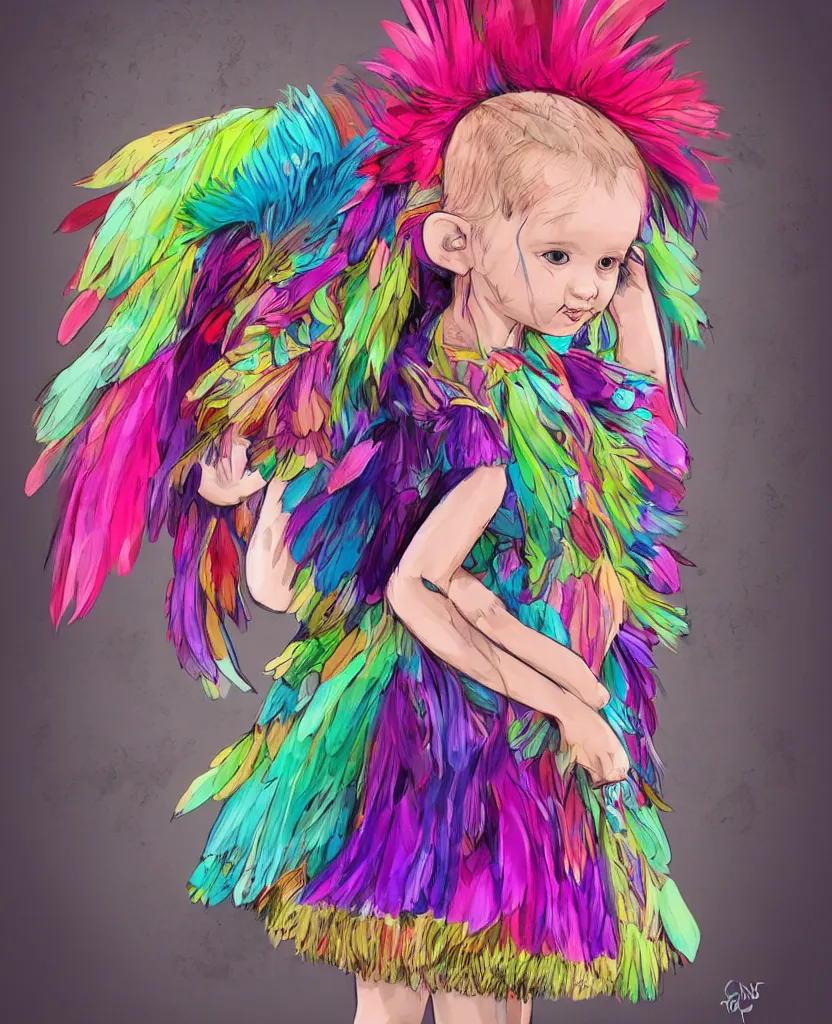 Image similar to little girl with eccentric hair wearing a dress made of colorful feathers, anatomically perfect, concept art, smooth