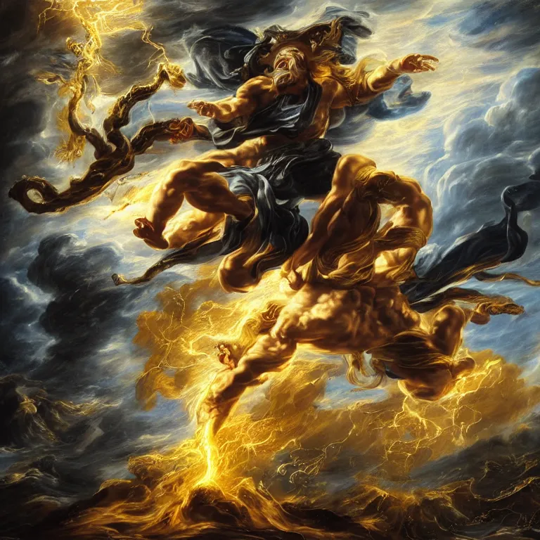 Image similar to mythological god of thunder and artificial intelligence creating an artificial neural network with dark yellow synapses on an anvil, high resolution, award winning art, trending on art station, sharp image, incredibly detailed, god of thunder detailed character realistic painting, painting by peter paul rubens
