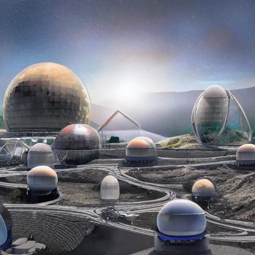 Prompt: a realistic photo of a futuristic moonbase with geodesic domes and moon buggies