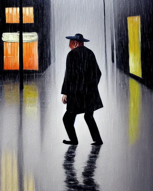 Image similar to a painting of an old man walking down the street, rain, an ultrafine detailed painting, by cabu, featured on deviantart, detailed painting, deviantart