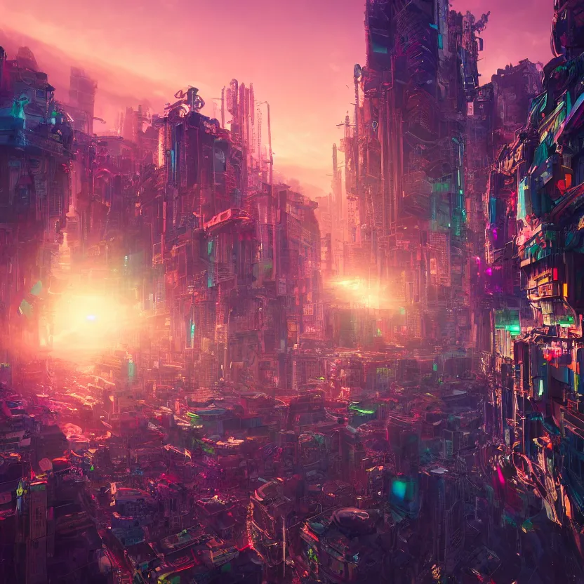 Image similar to An ultra-high resolution photograph of a colorful sci-fi fututistic city, sunrise, by Yoshitaka Amano and Alena Aenami, Trending on Artstation, nvidia, matte painting, unreal engine