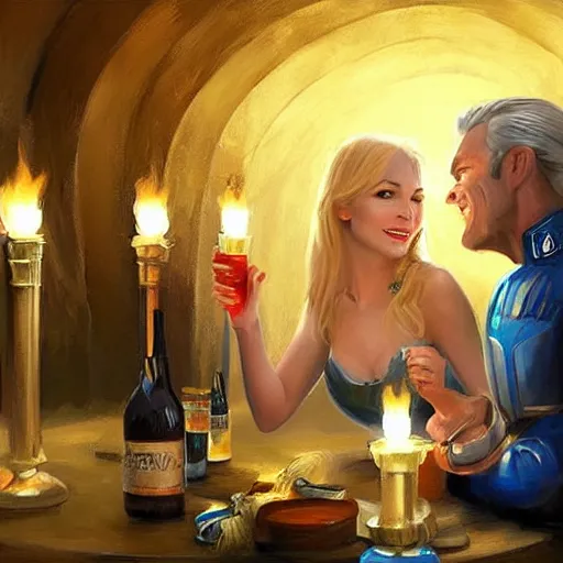 Image similar to blonde woman and Jango Fett drinking beer in a cellar, romantic, cozy, inviting, love, torches, painting by Vladimir Volegov