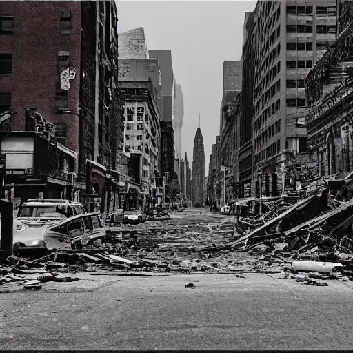 Image similar to photo of abandoned destroyed new york city street at night after the war between humans and ais, film grain, soft vignette, canon eos digital rebel xti, 1 0 0 - 3 0 0 mm canon f / 5. 6, exposure time : 1 / 1 6 0, iso 4 0 0