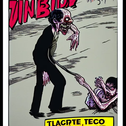 Image similar to glossy old advertising poster of a man turning into a zombie, busy street corner, horror, drawn comic by junji ito, pastels, gradient,