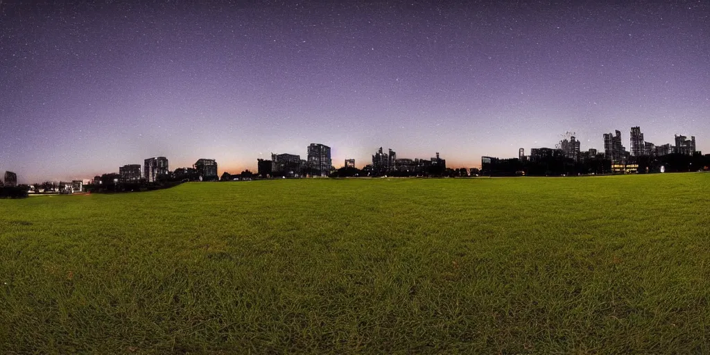 Prompt: a tall building over a grass field at night, game background, fish eye, disjointed style, by Maurice Noble
