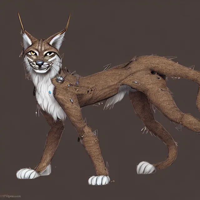 Image similar to the full body of anthropomorphic lynx fursona wearing a steampunk suit as unimaginably beautiful, gorgeous, elegant, young lynx, an ultrafine hyperdetailed illustration by furaffinity, intricate linework, white fur, unreal engine 5 highly rendered, global illumination, radiant light, detailed and intricate environment