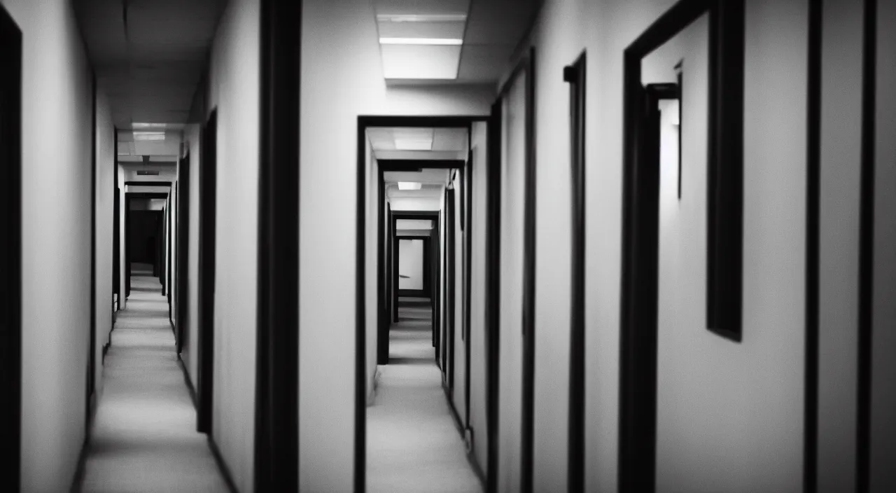 Image similar to distant hiding ninjas in long corridor backrooms, DOF