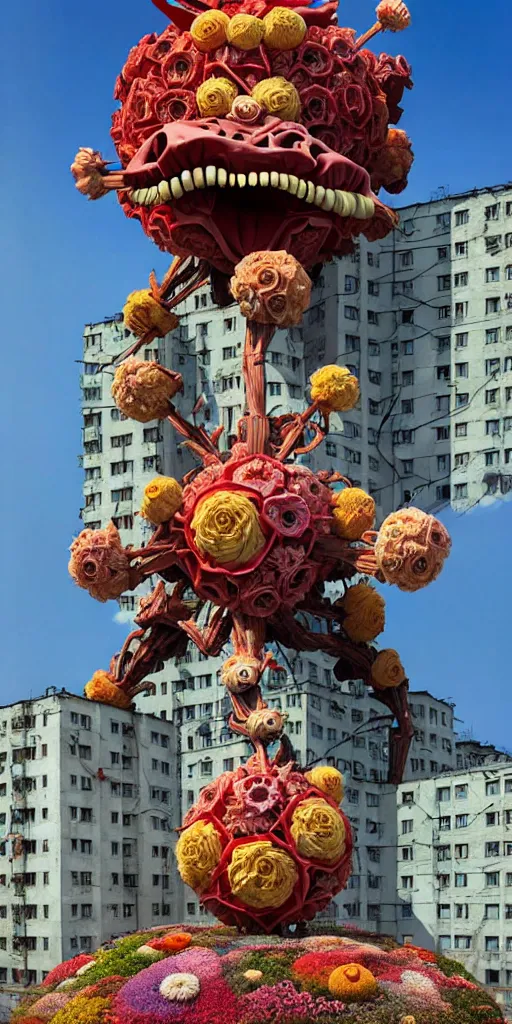 Image similar to colossal grotesque flower made from unfulfilled communist dreams in the middle of abandoned post soviet constructivist cityscape, Stalinist architecture, ultradetailed, Intricate by Hayao Miyazaki and Josan Gonzalez and Makoto Shinkai and Giuseppe Arcimboldo and Wes Anderson