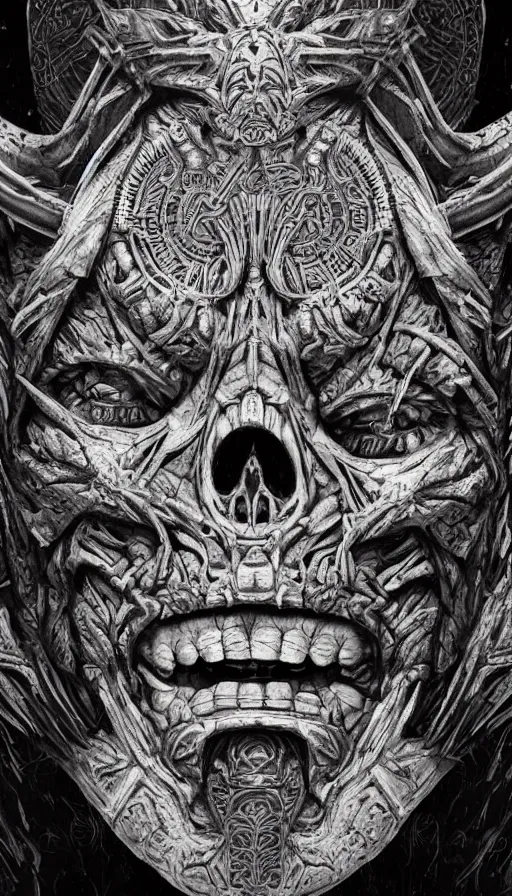 Prompt: ancient interstellar hybrid aztec fantasy beautiful alien symmetrical human face skull mask tattoo pattern concept, teonanacatl glyph, intricate artwork by, Johnatan Wayshak, Zdizslaw Beksinski, face by Artgerm, H.R. Giger, very coherent artwork, cinematic, hyper realism, high detail, octane render, unreal engine, 8k, High contrast, higly detailed black ink outline, crosshatch sketch gradient