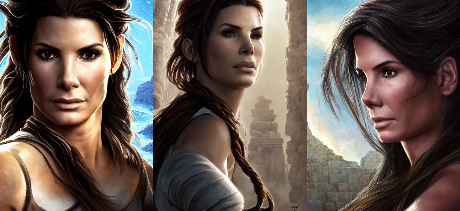 Image similar to face portrait of concentrated young Sandra Bullock as muscled Lara Croft stepping out epic ancient ruins directly looking into the camera, sun beams, intricate, elegant, highly detailed, centered, crispy sharp digital painting, artstation, concept art, smooth, sharp focus, illustration, Allan Lee, John Howe