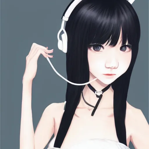 Image similar to realistic beautiful gorgeous natural cute Blackpink Lalisa Manoban black hair fur black cat ears, wearing white camisole summer outfit, headphones, black leather choker artwork drawn full HD 4K highest quality in artstyle by professional artists WLOP, Aztodio, Taejune Kim, Guweiz on Pixiv Instagram Artstation