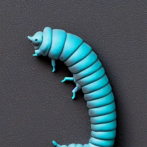 Image similar to studio photograph of a matte gray catterpillar with a neon blue head