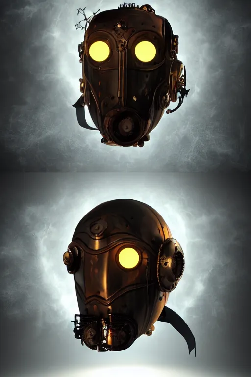 Image similar to steampunk mask minimalist fantasy art robot ninja helmet, global illumination ray tracing hdr fanart arstation by sung choi and eric pfeiffer and gabriel garza and casper konefal radiating a glowing aura