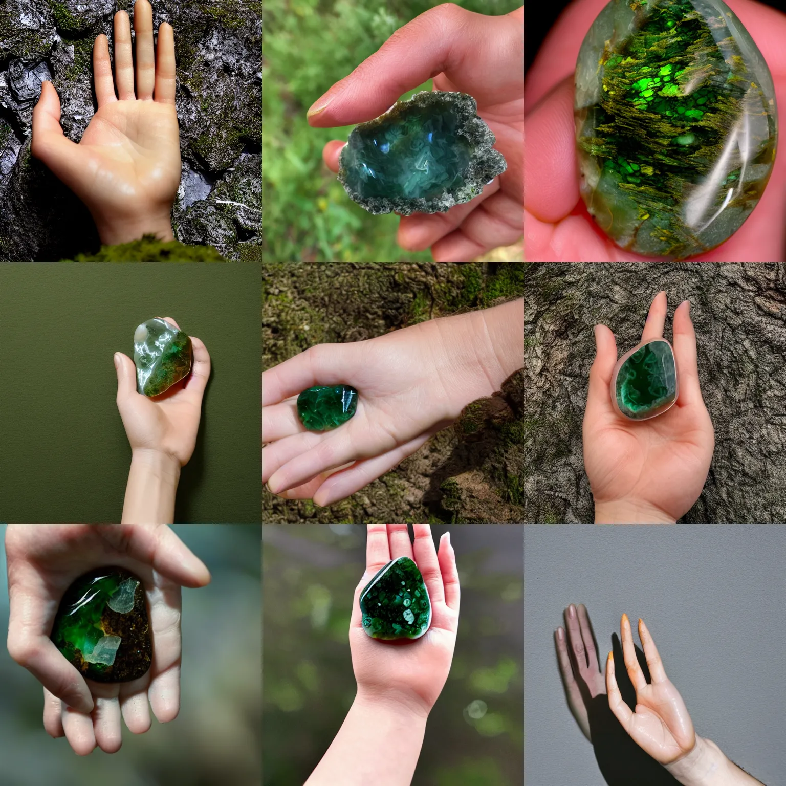 Prompt: hand photography, discernible hand with thumb and four fingers, holding a moss agate