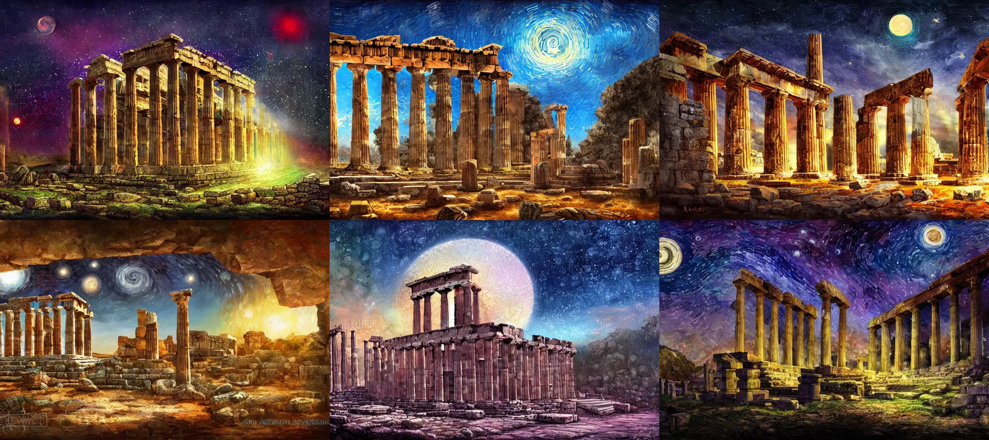 Prompt: ancient greek ruins, digital painting, concept art, fantasy, colourful, starry night, mystic atmosphere