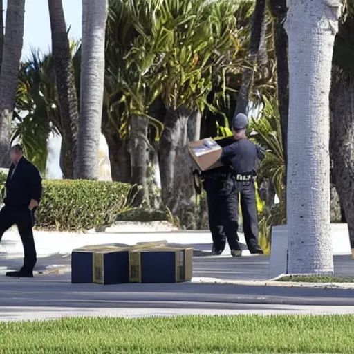 Prompt: mar-a-lago, FBI agents carrying boxes of evidence, police tape, high detail