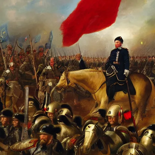 Prompt: oil painting of general Boris Johnson leading his men into battle, glorified image, 8k, oil painting