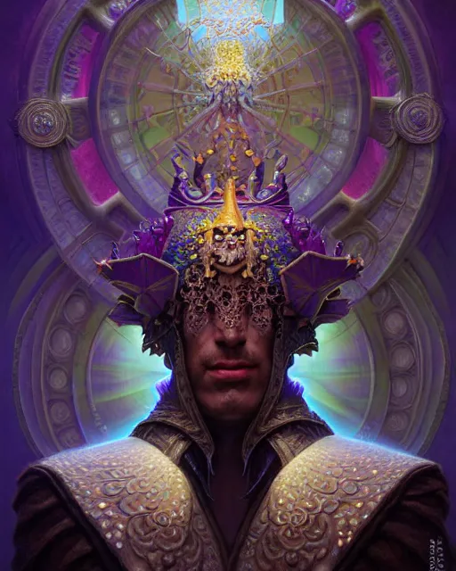 Prompt: front shot of a court jester character, hyperdimensional, bioluminescent hypercubes, ((intricate)), elegant, highly detailed, centered, (((artstation, concept art, smooth, sharp focus, artgerm, Tomasz Alen Kopera, Peter Mohrbacher, donato giancola, Joseph Christian Leyendecker, WLOP, Boris Vallejo))), mugshot!!!!!, ugly!!!!!!, octane render, nvidia raytracing demo, grainy, muted