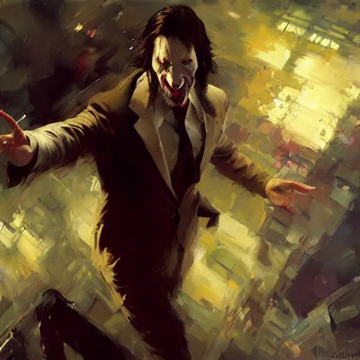 Prompt: keanu reeves as joker, dynamic pose, painted by michael garmash, greg rutkowski, gaston bussiere, rhads, craig mullins