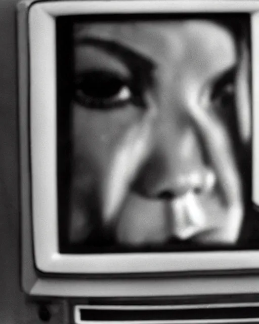 Image similar to a woman staring angrily into old TV, black-and-white photo, 1960s, hyperrealistic, old photo