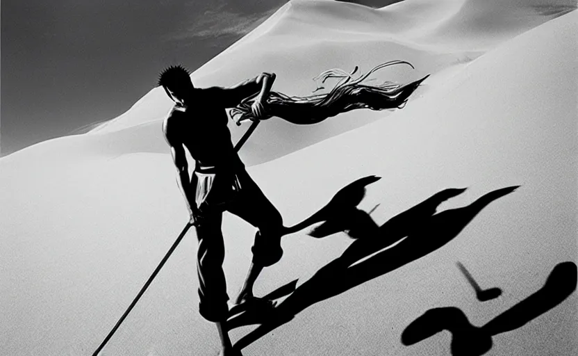 Image similar to roronoa zoro in sand dunes, photography