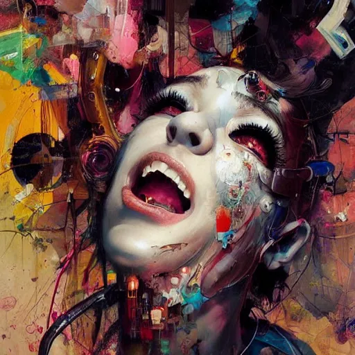 Image similar to grinning woman in a vr headset, dynamic energic pose, cyberpunk in the style of adrian ghenie, esao andrews, jenny saville, surrealism, dark art by james jean, takato yamamoto