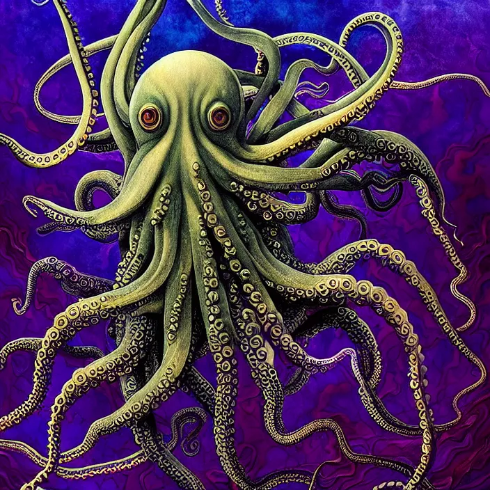 Image similar to depicting an octopus wrapping its tentacles around an ocean liner, in the style of h. p. lovecraft, exuberant organic elegant forms, by karol bak and filip hodas : : 1. 4 purple, red, blue, green, black intricate mandala explosions : : intuit art : : turbulent water backdrop : : damask wallpaper : : atmospheric