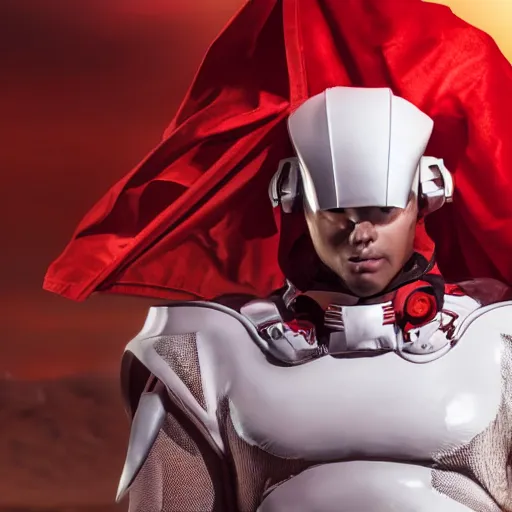 Image similar to portrait of a tall athletic muscular infantry man in glossy sleek white armor with tiny red details and a long red cape, heroic posture, on the surface of mars, night time, dramatic lighting, cinematic, sci-fi, hyperrealistic, movie still