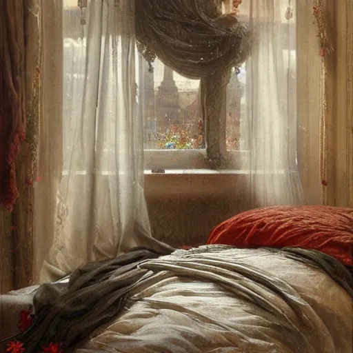Prompt: on a rainy day, someone sits in bed, curled up under the covers, looking out the window, cinematic, artstation, extremely detailed, intricate, cinematic lighting, art by eugene de blaas