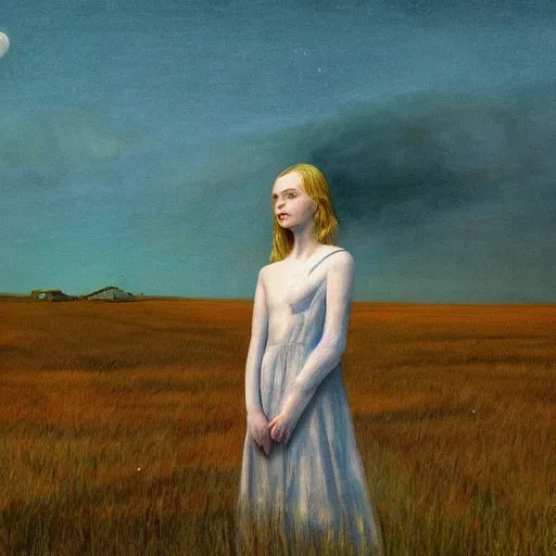 Image similar to Elle Fanning in the painted world of Prospect, head and shoulders masterpiece, apocalypse, golden hour, cosmic horror, artstation, in the style of Andrew Wyeth and Edward Hopper and Bosch, extremely detailed
