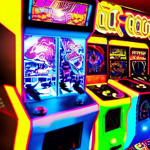 Prompt: video game arcades, synthwave, Retrowave