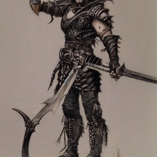 Image similar to portrait of a waifish punk goth wearing armor and holding sword by frank fazetta, fantasy, barbarian