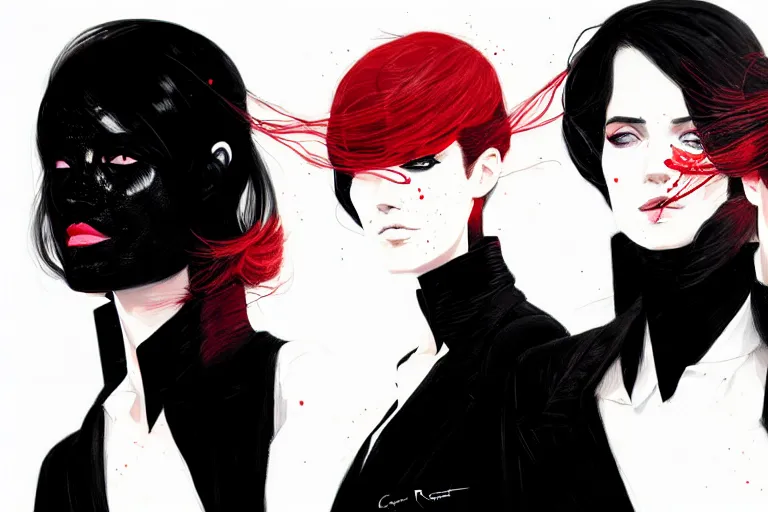 Image similar to a ultradetailed portrait painting of three women in black suits, by conrad roset, greg rutkowski and makoto shinkai trending on artstation