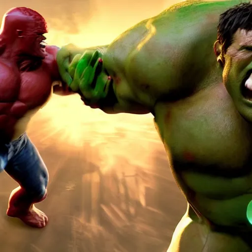 Image similar to hulk fighting against juggernaut, marvel, cinematic style, detailed, action scene