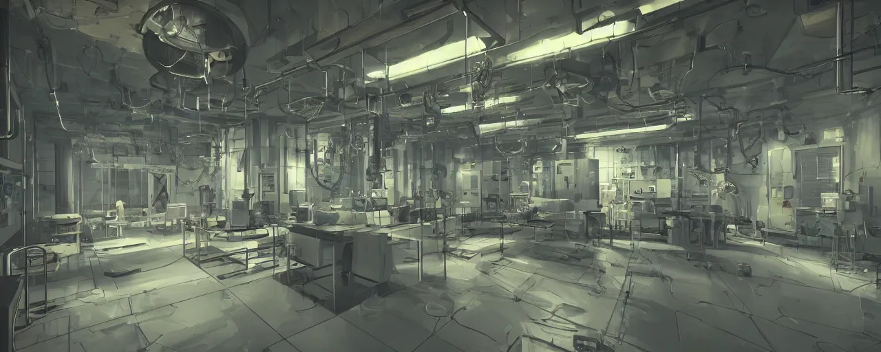 Prompt: interior of a lab with a reactor in the middle of the room and lots of wirings hanging from ceiling and pipes in the walls with big exhaust fan on the wall scifi, 8 k uhd, unreal engine, octane render in the artstyle of finnian macmanus, john park and greg rutkowski