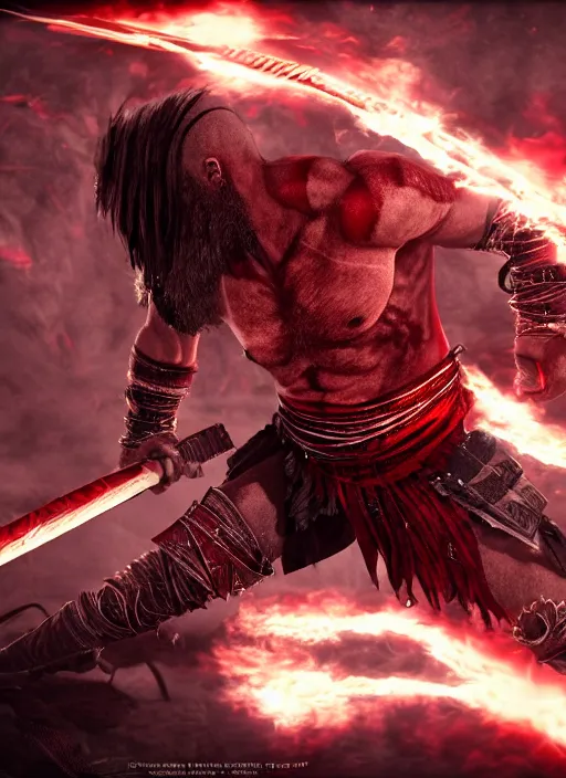 Image similar to red facial stripe armored screaming kratos rocking out on a flaming stratocaster guitar, cinematic render, god of war 2 0 1 8, playstation studios official media, lightning, flames, left eye red stripe, red left eye stripe, left eye red stripe, red left eye stripe, clear, coherent