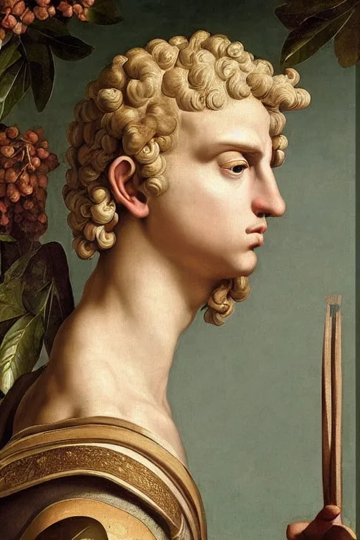 Image similar to renaissance painting of man, short blonde hair, thoughtful face, emotions closeup, dressed in roman armour, the beautiful garden with olive leaves, ultra detailed, art by Guido Reni style, Vincenzo Catena style