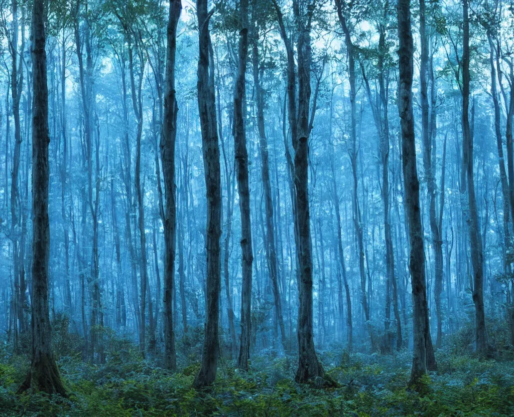 Image similar to blue forest, glowing, like zelda breath of the wild,