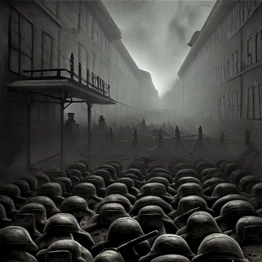 Prompt: eerie, the holocaust in roblox, very old photo, photo from 1940s, war photograph, very authentic, very detailed, dramatic, intricate, highly detailed, digital painting, artstation, concept art, smooth, sharp focus, illustration, art by Gustave Dore, octane render