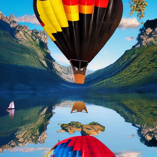 Image similar to photo of two black swans swimming in a beautiful reflective mountain lake, touching heads, forming a heart with their necks, a colorful hot air balloon is flying above the swans, hot air balloon, intricate, portrait, 8k highly professionally detailed, HDR, CGsociety, octane render, 4k