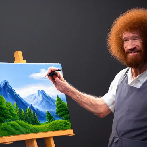 Image similar to a closeup photorealistic photograph of bob ross working on a canvas painting of cookie monster. film still. brightly lit scene. mountains and trees. this 4 k hd image is trending on artstation, featured on behance, well - rendered, extra crisp, features intricate detail, epic composition and the style of unreal engine.