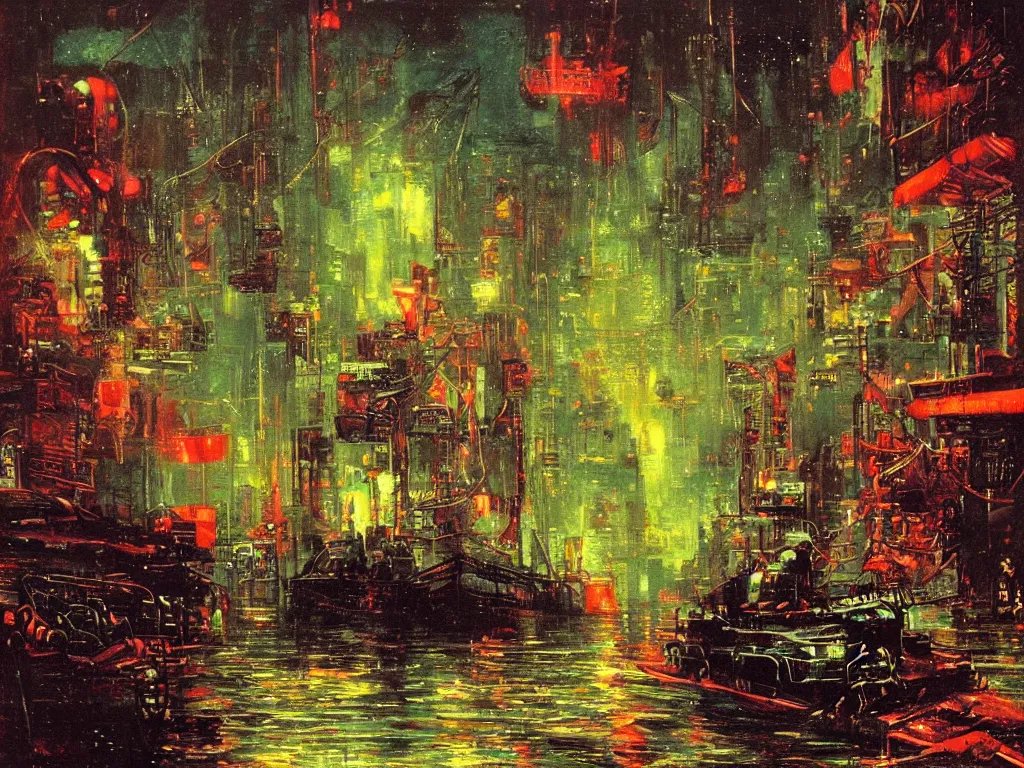 Image similar to river boats speeding between tree houses on flooded streets of new york painting, red and green palette, night lights, starry sky, by ( h. r. giger ) and paul lehr