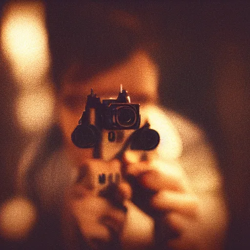 Image similar to An atmospheric close up photo of A man sticking a gun in the camera, bokeh, Polaroid, masterpiece